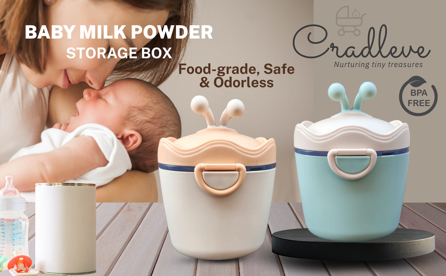 CRADLEVE Baby Milk Powder Storage Box with Spoon and Leveler (Beige)