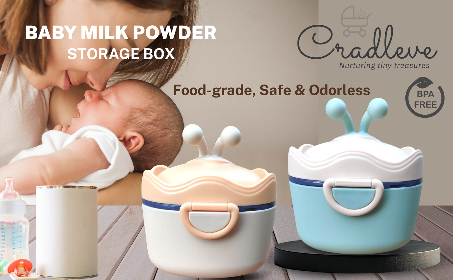 CRADLEVE Baby Milk Powder Storage Box with Spoon and Leveler (Beige)