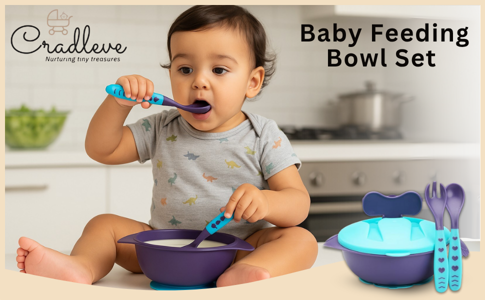 Cradleve Compact 3in1 Baby Feeding Bowl Set with Lid, Spoon & Fork (Blue)