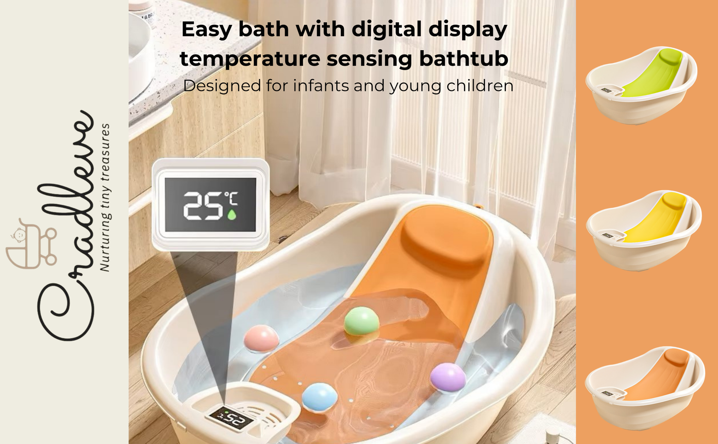 CRADLEVE Baby BathTub for 0 to 2 Years Anti-Slip Infant Bathtub with Touch screen digital display - Temperature Sensor (Green)