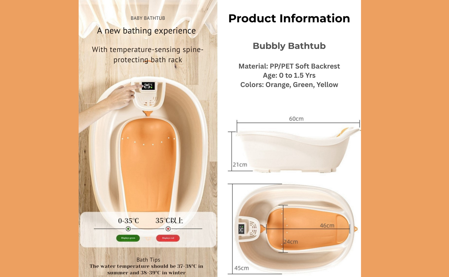 CRADLEVE Baby BathTub for 0 to 2 Years Anti-Slip Infant Bathtub with Touch screen digital display - Temperature Sensor (Green)