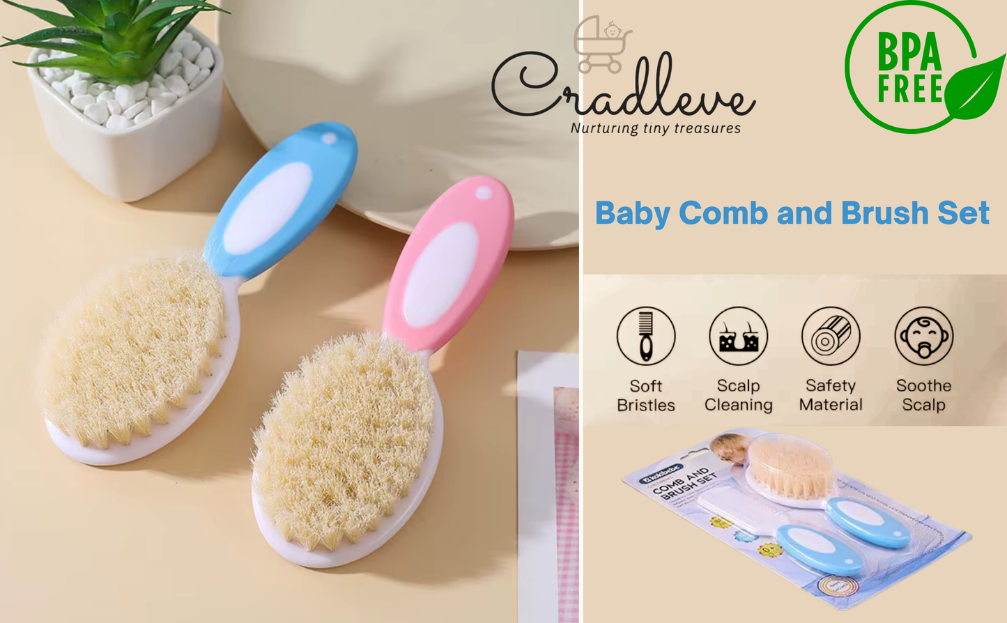 CRADLEVE Kokibebe Baby Comb and Brush Set (Pink)