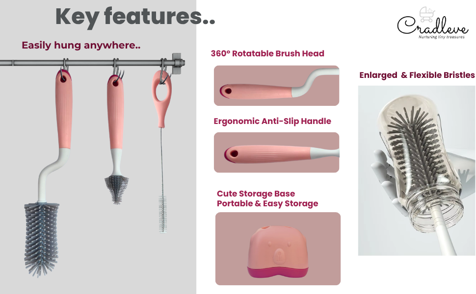 CRADLEVE 4IN1 Whirlpool Baby Bottle Cleaning Brush Set (Pink)