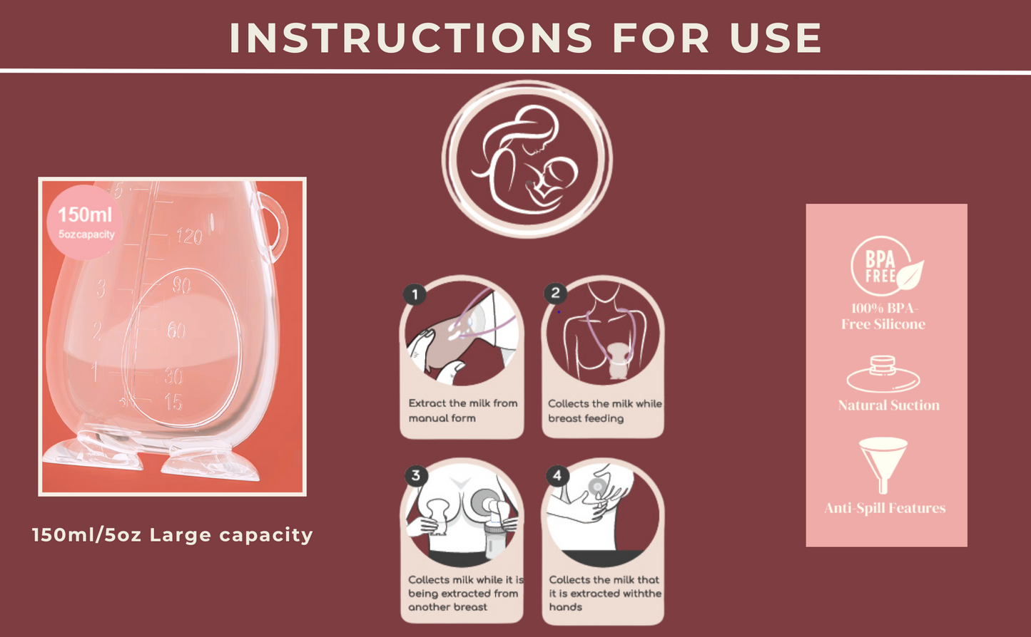 CRADLEVE Silicone Breast Milk Collector with Suction Base, Dust Proof Cap 5oz/150ml