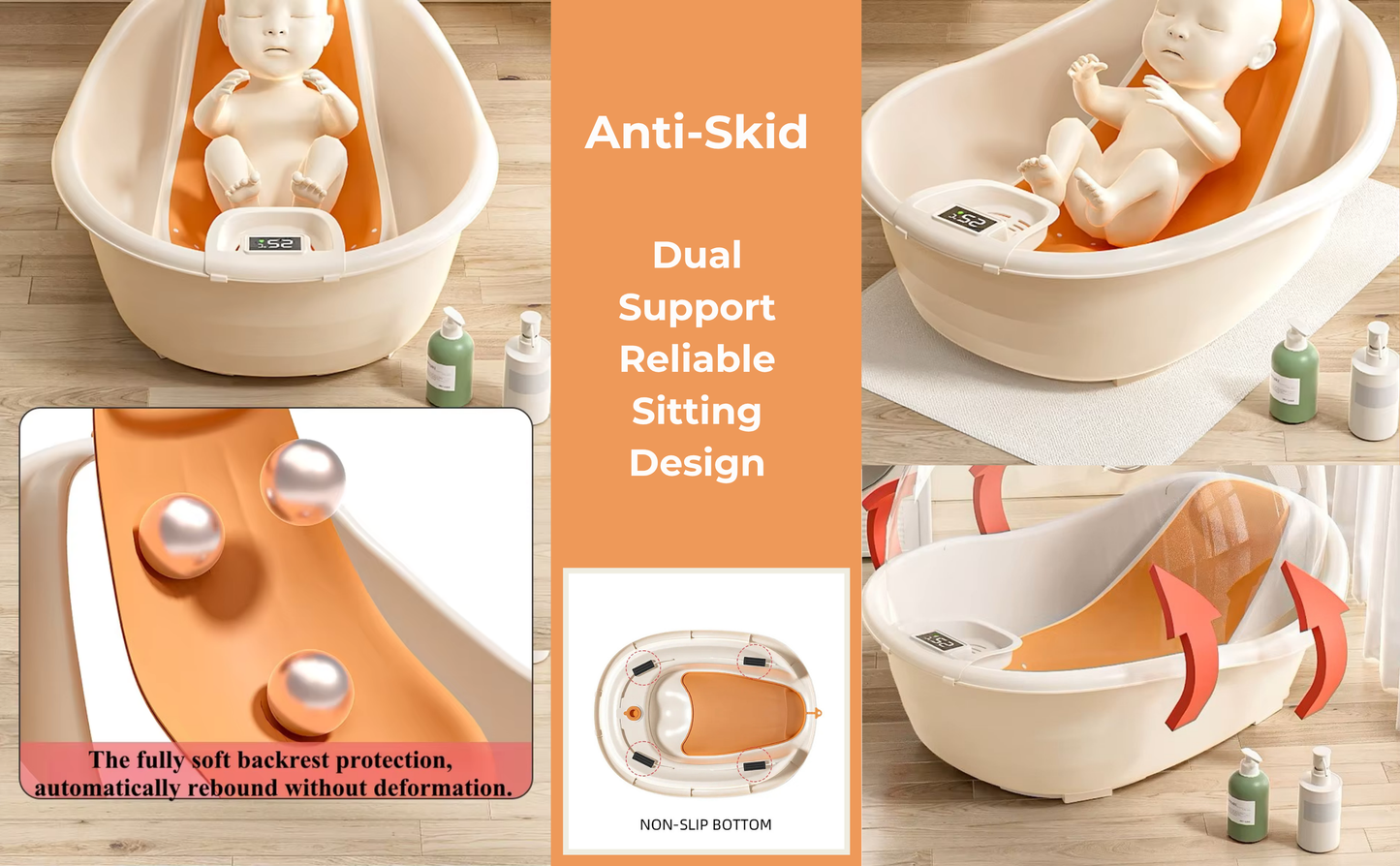 CRADLEVE Baby BathTub for 0 to 2 Years Anti-Slip Infant Bathtub with Touch screen digital display - Temperature Sensor (Orange)