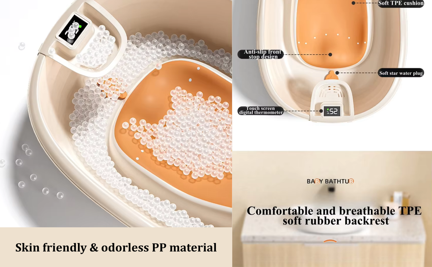 CRADLEVE Baby BathTub for 0 to 2 Years Anti-Slip Infant Bathtub with Touch screen digital display - Temperature Sensor (Orange)
