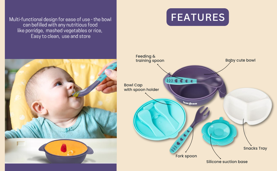 Cradleve Compact 3in1 Baby Feeding Bowl Set with Lid, Spoon & Fork (Blue)