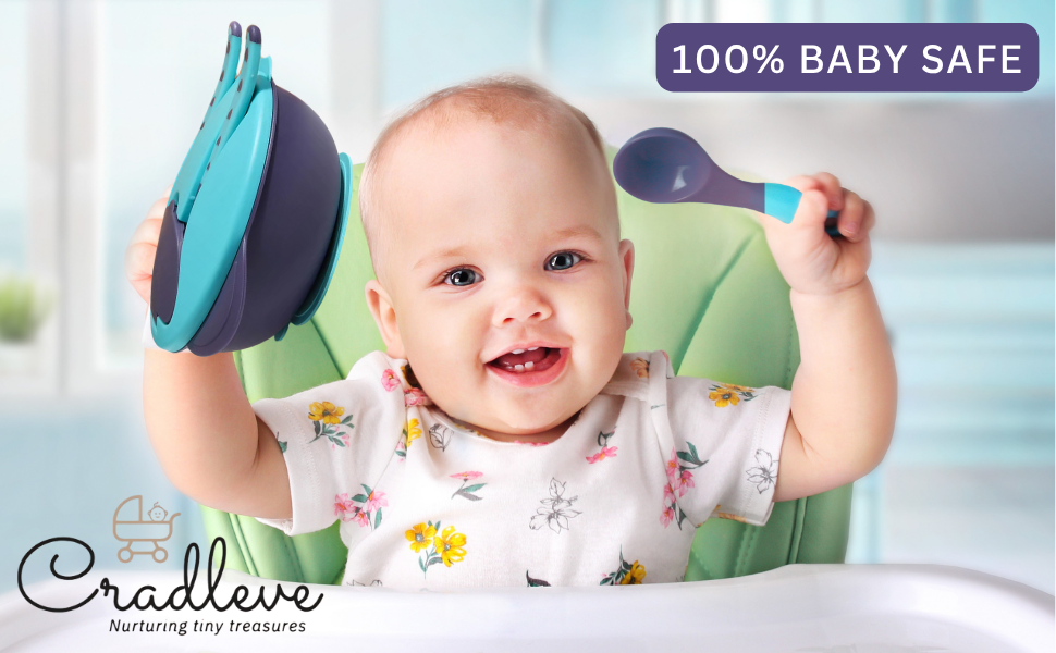 Cradleve Compact 3in1 Baby Feeding Bowl Set with Lid, Spoon & Fork (Blue)