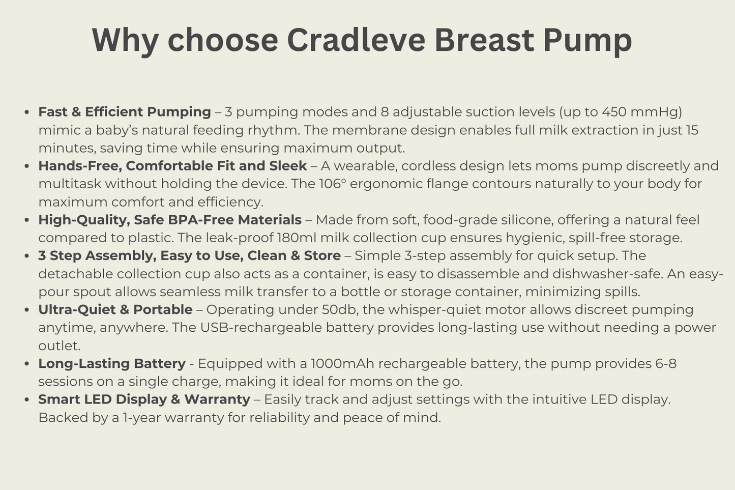 Cradleve wearable electric breast pump for Nursing Mothers | Anti Backflow, Hands-Free, BPA Free.