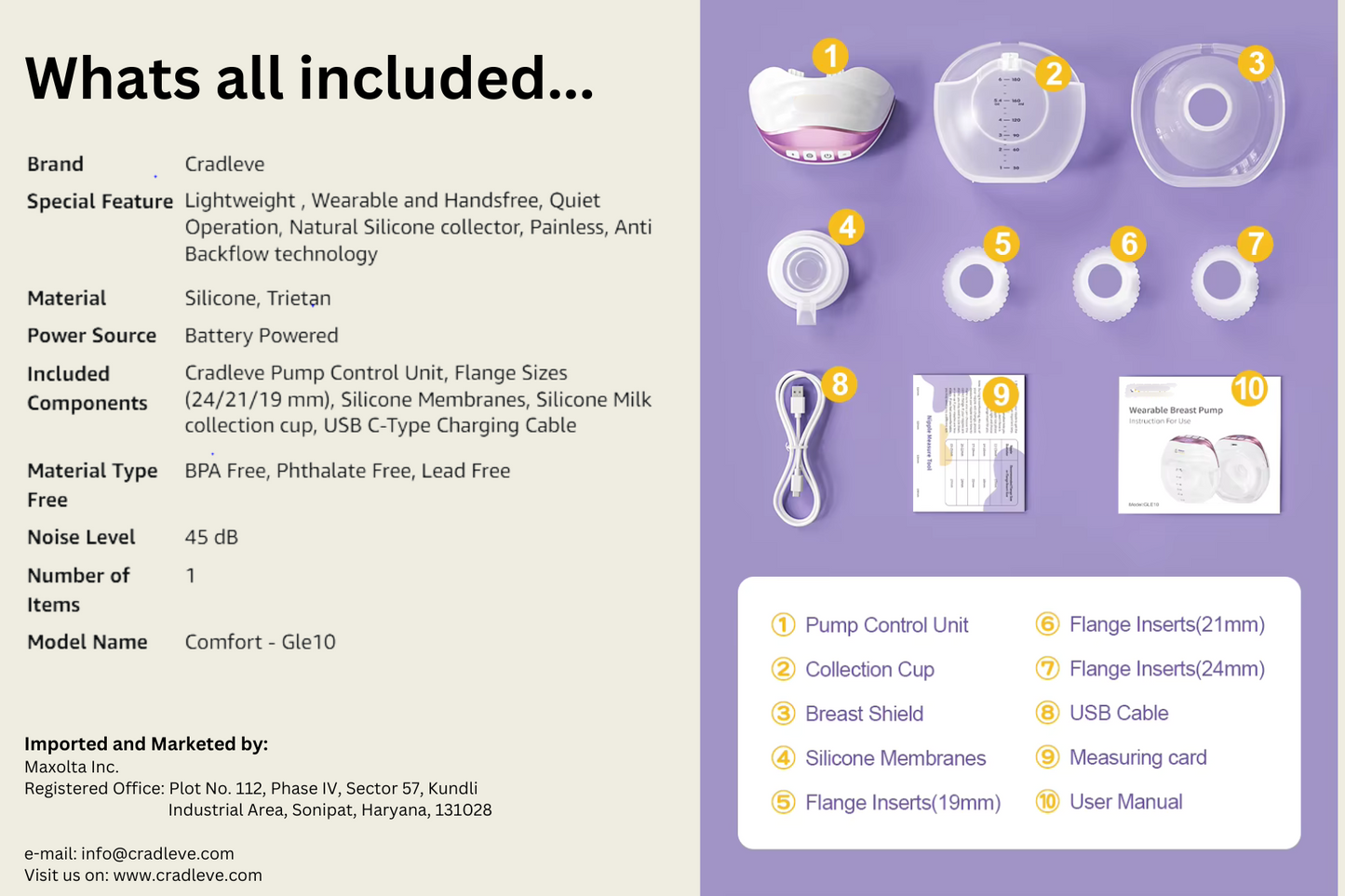 Cradleve wearable electric breast pump for Nursing Mothers | Anti Backflow, Hands-Free, BPA Free.