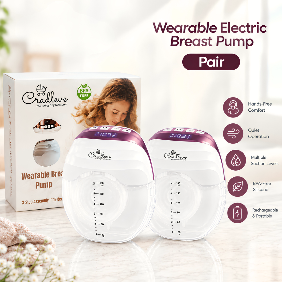 Cradleve wearable electric breast pump for Nursing Mothers (Pair) | Anti Backflow, Hands-Free, BPA Free |Pack of 2)