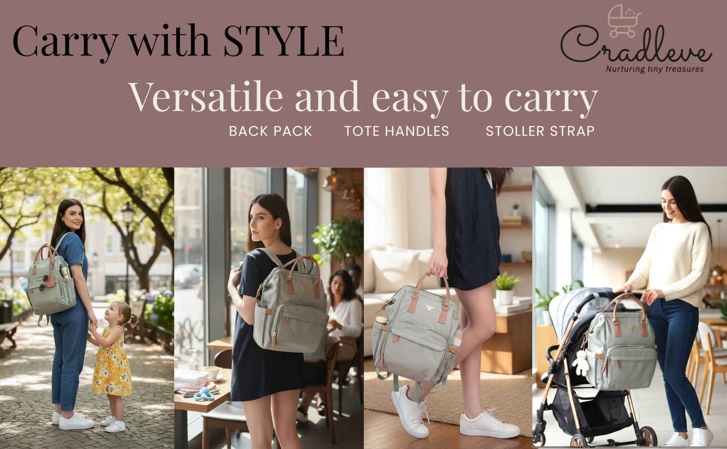 Cradleve Essentia Diaper Bag for Moms | Stylish & Spacious Mommy Bag with Insulated Bottle Pockets | Waterproof Recycled Nylon | Backpack, Tote & Stroller Bag (Fern Green) - Cradleve