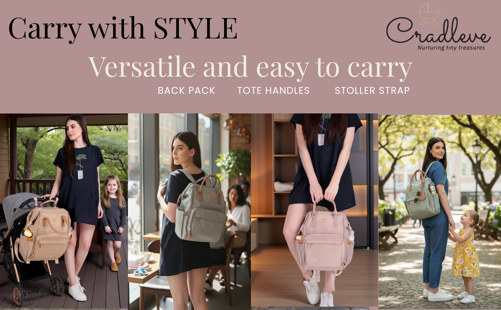 Cradleve Essentia Diaper Bag for Moms | Stylish & Spacious Mommy Bag with Insulated Bottle Pockets | Waterproof Recycled Nylon | Backpack, Tote & Stroller Bag (Candy Pink) - Cradleve