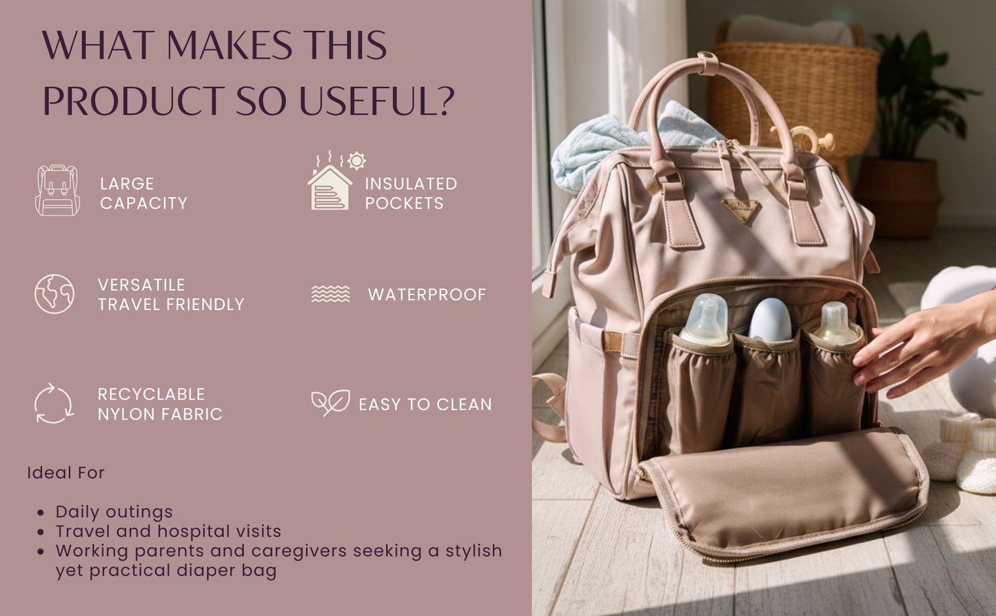 Cradleve Essentia Diaper Bag for Moms | Stylish & Spacious Mommy Bag with Insulated Bottle Pockets | Waterproof Recycled Nylon | Backpack, Tote & Stroller Bag (Fern Green) - Cradleve