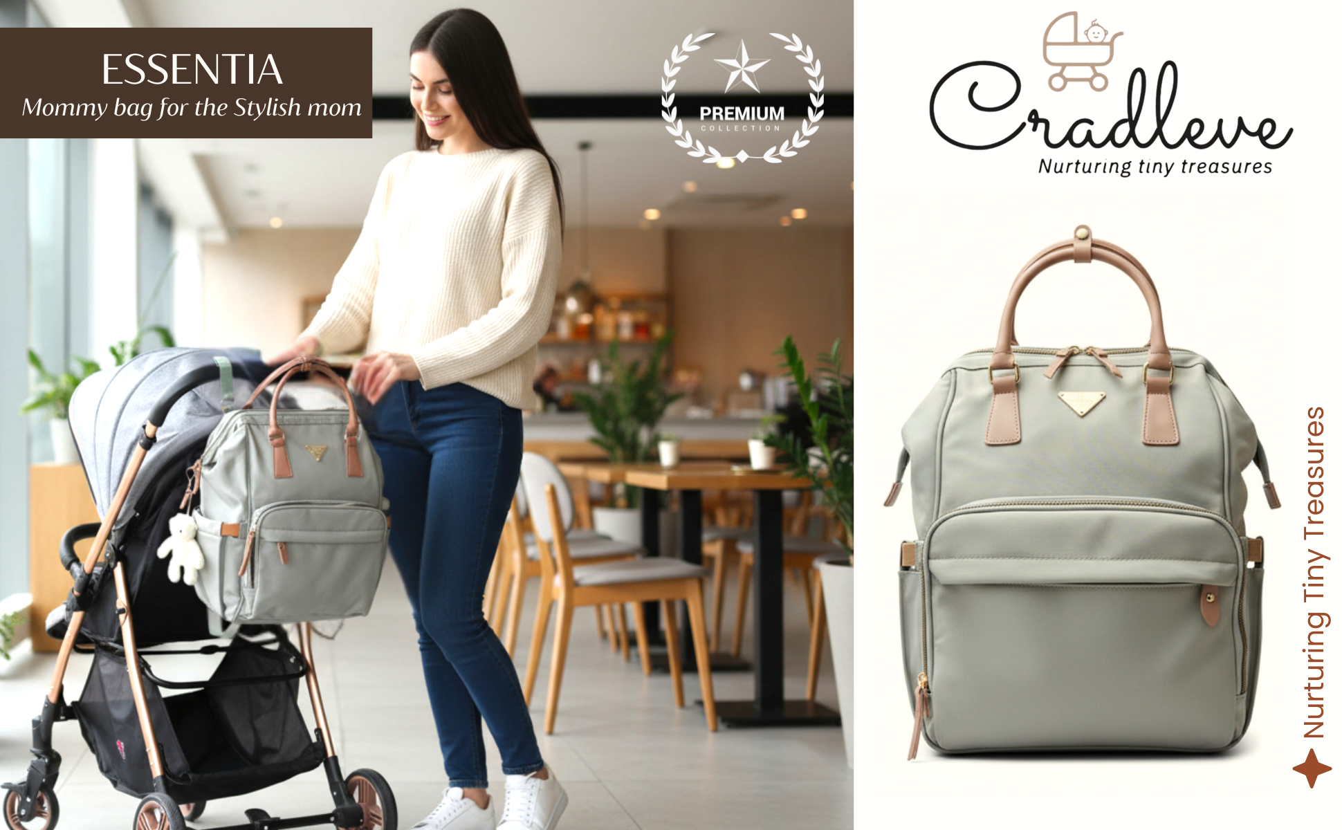 Cradleve Essentia Diaper Bag for Moms | Stylish & Spacious Mommy Bag with Insulated Bottle Pockets | Waterproof Recycled Nylon | Backpack, Tote & Stroller Bag (Fern Green) - Cradleve
