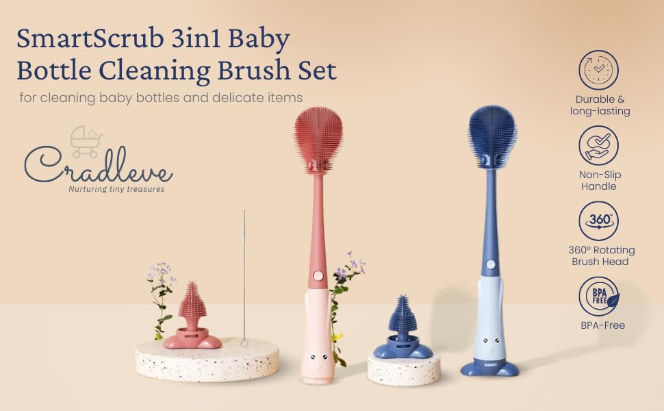 CRADLEVE Smart Scrub 3-in-1 Baby Bottle Cleaning Brush Set (Red)