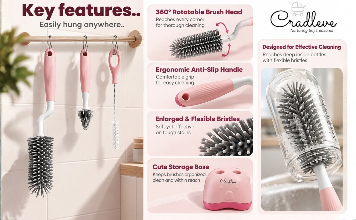 CRADLEVE 4IN1 Whirlpool Baby Bottle Cleaning Brush Set (Pink)