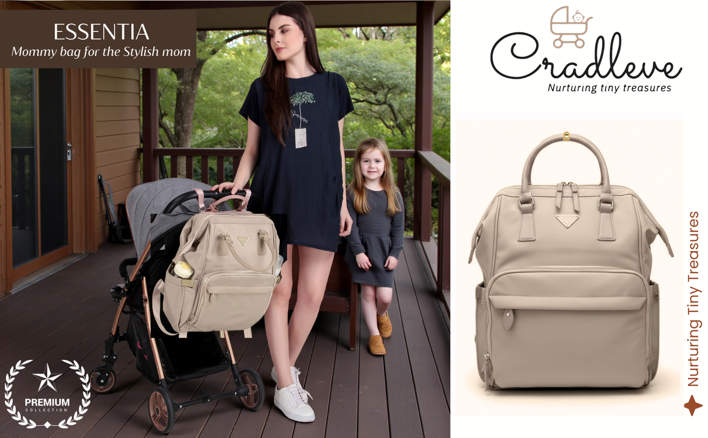 Cradleve Essentia Diaper Bag for Moms | Stylish & Spacious Mommy Bag with Insulated Bottle Pockets | Waterproof Recycled Nylon | Backpack, Tote & Stroller Bag (Royal Beige) - Cradleve