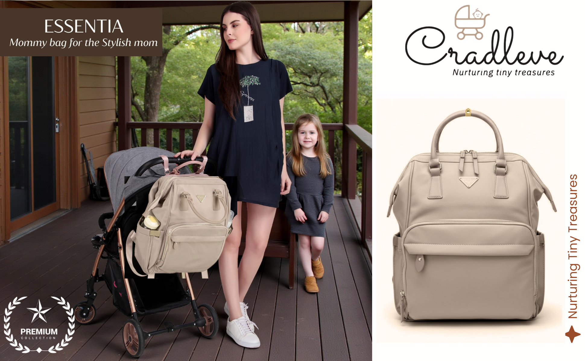 Cradleve Essentia Diaper Bag for Moms | Stylish & Spacious Mommy Bag with Insulated Bottle Pockets | Waterproof Recycled Nylon | Backpack, Tote & Stroller Bag (Royal Beige) - Cradleve