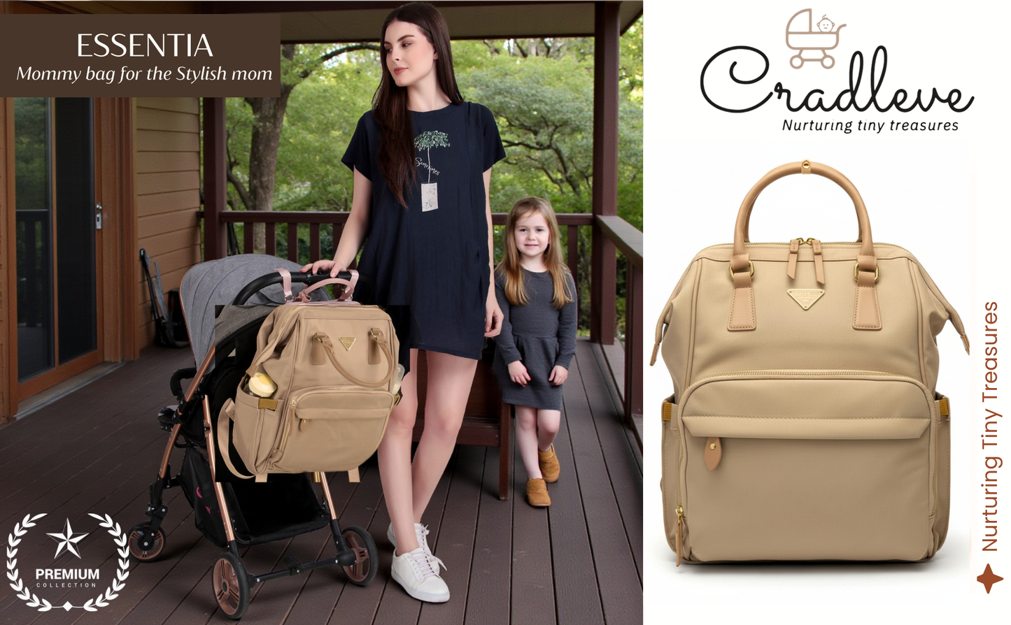 Cradleve Essentia Diaper Bag for Moms | Stylish & Spacious Mommy Bag with Insulated Bottle Pockets | Waterproof Recycled Nylon | Backpack, Tote & Stroller Bag (Camel Brown) - Cradleve