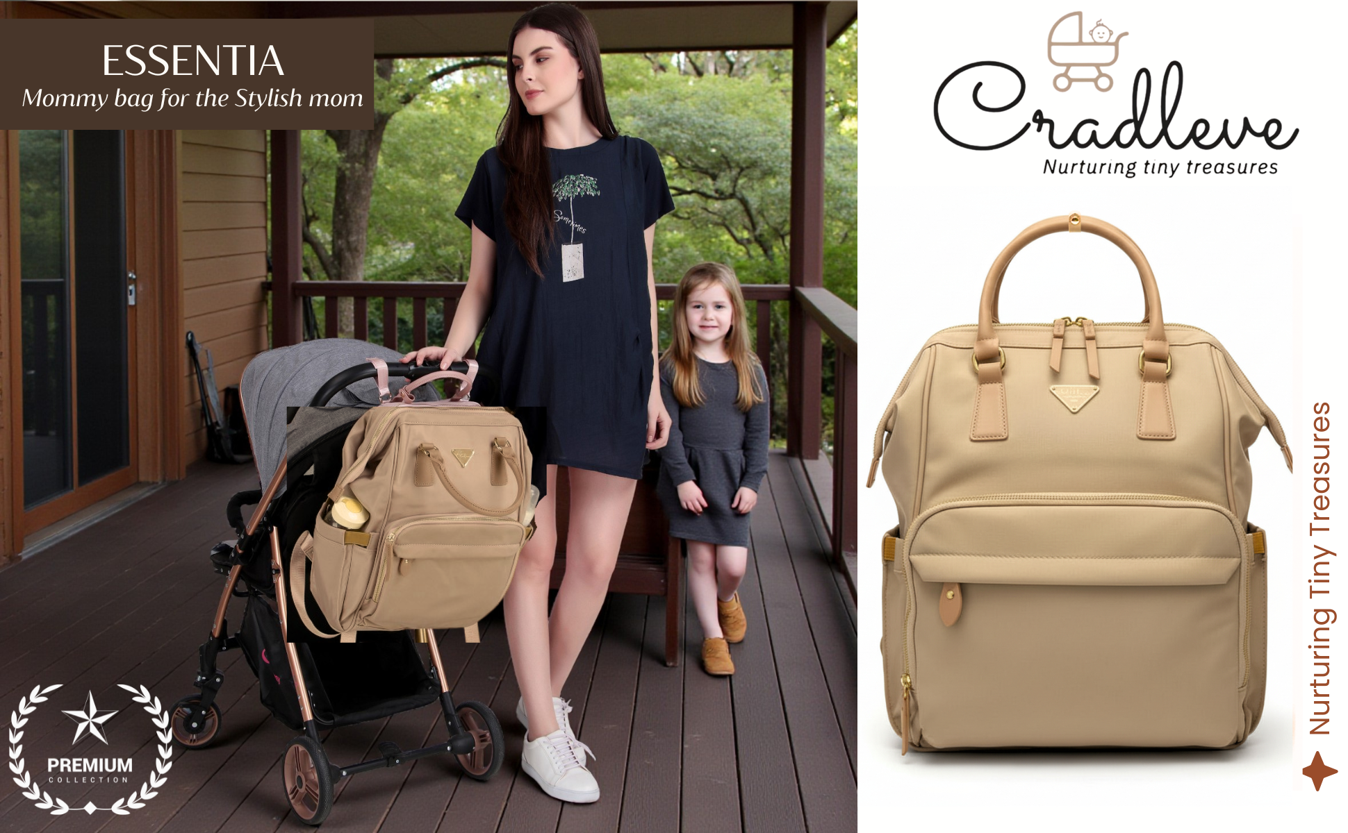 Cradleve Essentia Diaper Bag for Moms | Stylish & Spacious Mommy Bag with Insulated Bottle Pockets | Waterproof Recycled Nylon | Backpack, Tote & Stroller Bag (Camel Brown) - Cradleve
