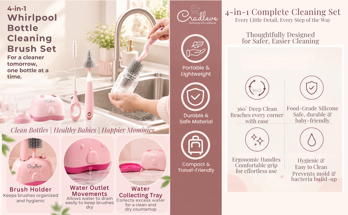 CRADLEVE 4IN1 Whirlpool Baby Bottle Cleaning Brush Set (Pink)