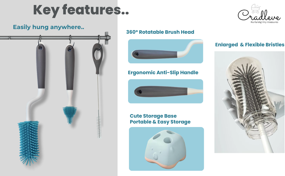 CRADLEVE 4IN1 Whirlpool Baby Bottle Cleaning Brush Set (Gray)