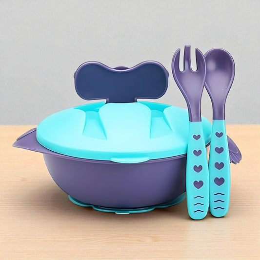 Cradleve Compact 3in1 Baby Feeding Bowl Set with Lid, Spoon & Fork (Blue)