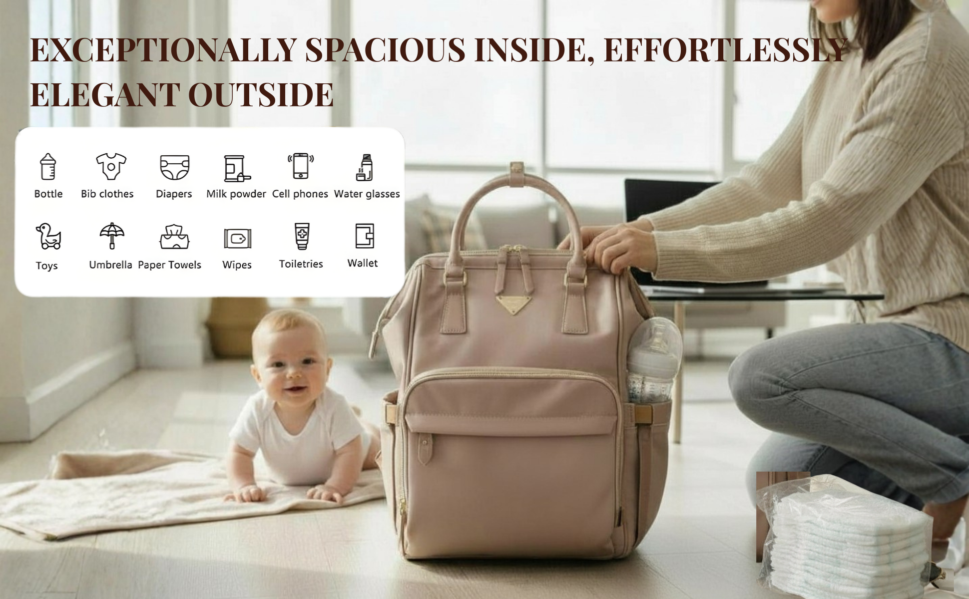 Cradleve Essentia Diaper Bag for Moms | Stylish & Spacious Mommy Bag with Insulated Bottle Pockets | Waterproof Recycled Nylon | Backpack, Tote & Stroller Bag (Camel Brown) - Cradleve