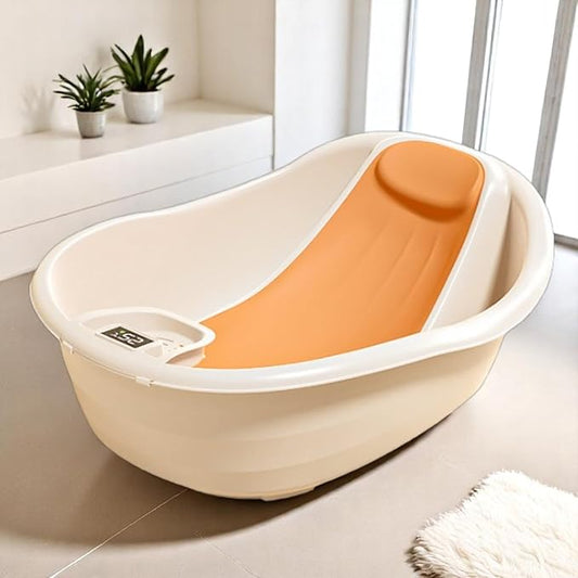 CRADLEVE Baby BathTub for 0 to 2 Years Anti-Slip Infant Bathtub with Touch screen digital display - Temperature Sensor (Orange)