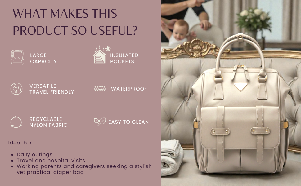 Cradleve STELLA – Premium Sustainable Diaper Bag for Modern Parents | Sleek, Spacious & Waterproof (Candy Pink) - Cradleve