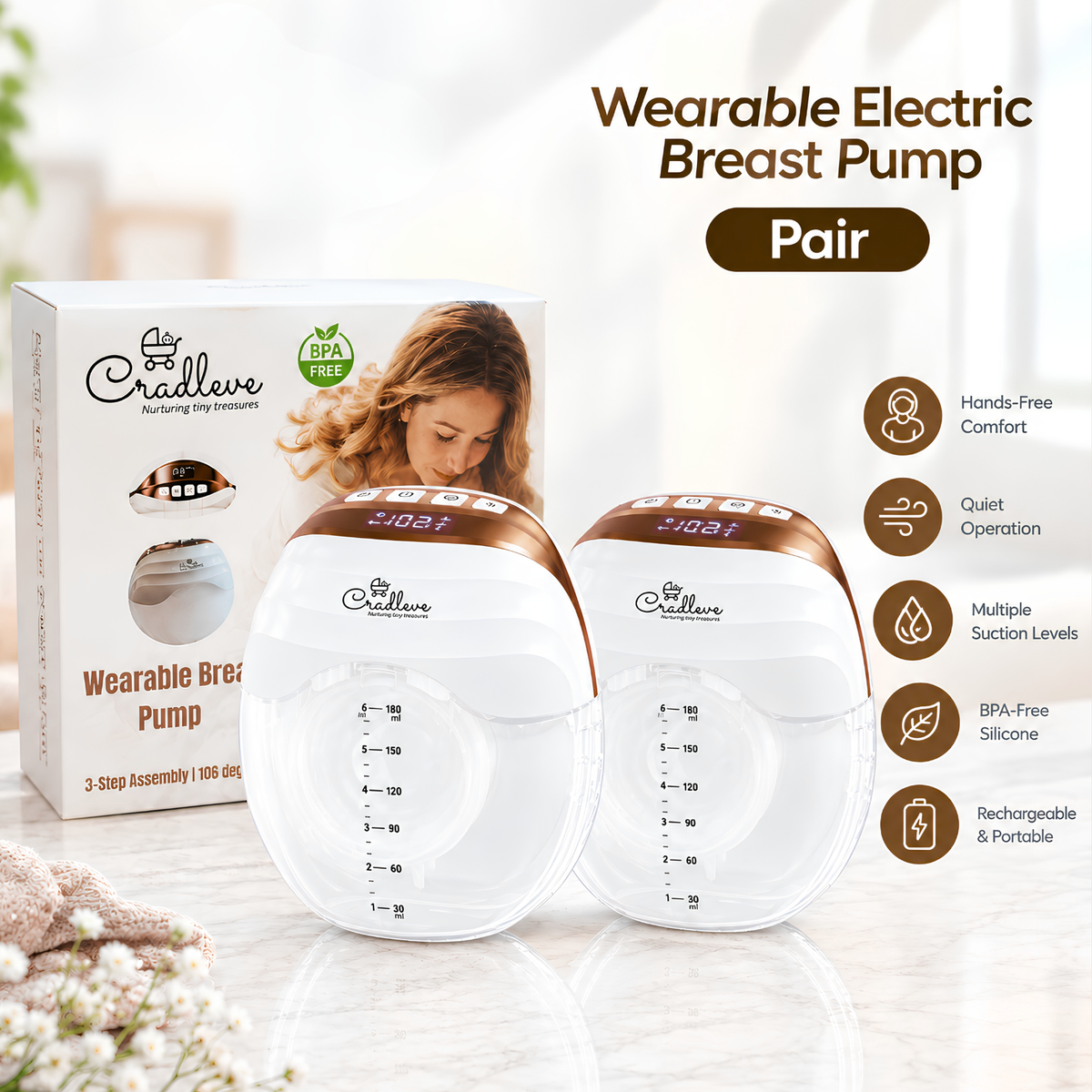 Cradleve wearable electric breast pump for Nursing Mothers (Pair) | Anti Backflow, Hands-Free, BPA Free |Pack of 2)