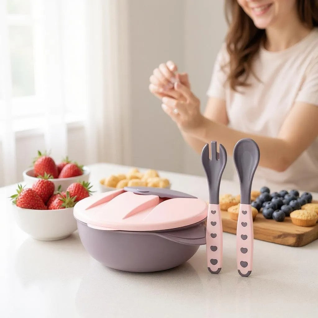 Cradleve Compact 3in1 Baby Feeding Bowl Set with Lid, Spoon & Fork (Blue)
